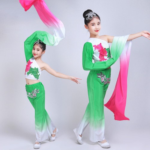 Girls chinese folk dance costumes blue green gradient colored hanfu water sleeves  traditional classical fairy cosplay dance dresses